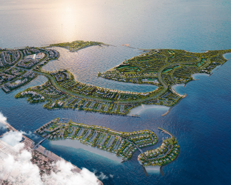 Aerial view of Dubai Islands off the coast of Deira at sunset