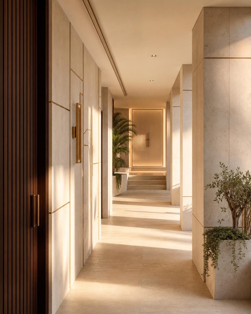 Detail of cream limestone wall with brass inlay